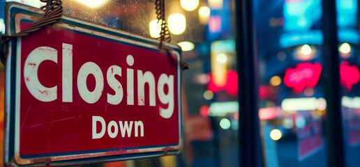 Red "Closing Down" sign hanging in a night scene with blurred city lights in the background, ample copyspace on the right.