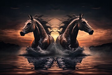 AI generated illustration of two horses getting out of the water - obrazy, fototapety, plakaty