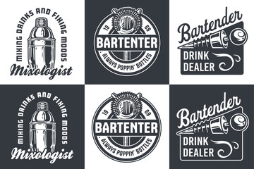 Bartender design with hawthorne strainer and boston shaker, bottle stopper in hands for bartending school. Vector emblem set of chromed metal equipment or cocktail bar tool for barman or barkeep