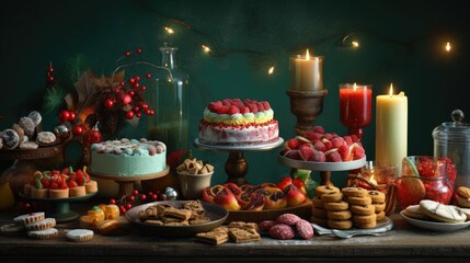 Obraz na płótnie Canvas AI generated illustration of a festive Christmas dinner table setting with food and candles