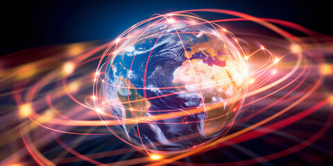 Digital world globe out of control, extreme speed of global network and excessive connectivity on Earth, super fast data transfer in a mad rush and crazy exchanges - obrazy, fototapety, plakaty