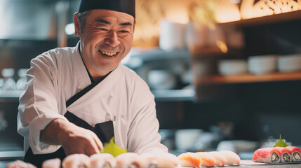 Portrait of japanese smiling cook preparing sushi, japanese restaurant environment
