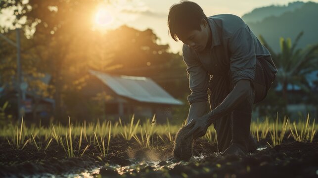 A Farmer Wearing Long Sleeves Planting Rice Seedlings In A Rice Field With Sunlight From Behind. Blurred Background Of Mountains And Village. Created With Generative AI.