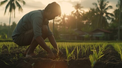 The silhouette of a young farmer wearing a long shirt with bent sleeves is planting rice in a rice field with a natural countryside background. Created with Generative AI. - obrazy, fototapety, plakaty