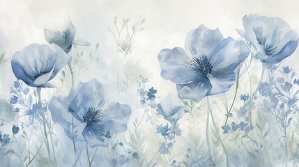 A Painting of Blue Flowers on a White Background