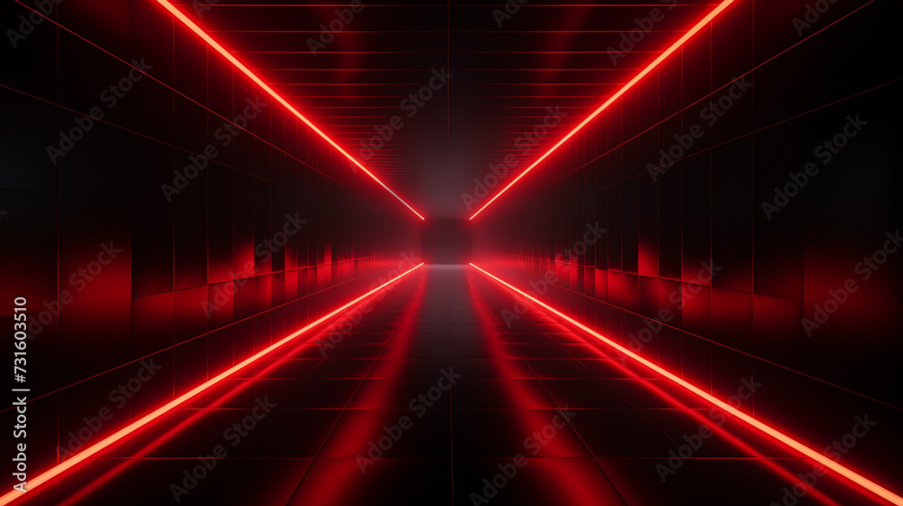 Wall mural bright red neon laser lights illuminate the darkness creating lines and triangle shapes in sci-fi ef