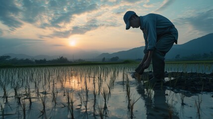 Silhouette of a farmer wearing a hat applying fertilizer to rice in a paddy field in the morning, with a green mountain view in the background. Created with Generative AI.