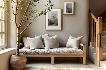 Cozy Autumn Interior A Modern, Stylish Living Room with a Wooden Bench, Cushions, Framed Artwork, and Indoor Plant by the Window
