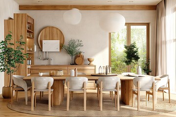 Modern Elegant Dining Room with Natural Light, Wooden Furniture, and Green Plants Creating a Warm, Inviting Atmosphere