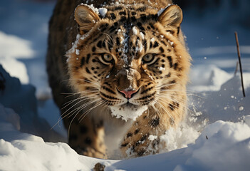 The crouching Amur snow leopard with sharp eyes follows innate hunting tactics amidst snow covered mountainous terrain calculatingly locking on unseen prey created with Generative AI Technology 