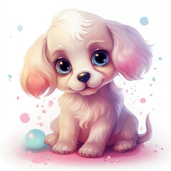 Illustration of cute playful fluffy puppy with big eyes in pink and beige pastel colours, charming...