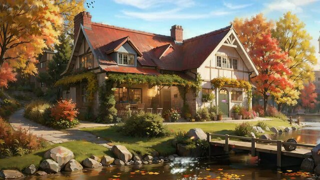 Delight in the captivating visuals of an autumnal riverside residence through this 4K video animation, skillfully arranged in a seamless and repeating pattern.