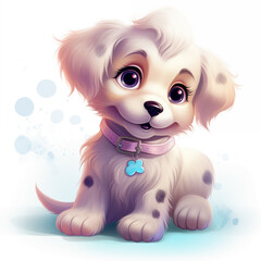  Cute canine illustration on blue background with adorable spotted white puppy with big eyes and...