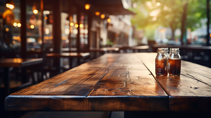 wood table on blur of cafe, coffee shop, bar, background - can used for display or montage your products - obrazy, fototapety, plakaty