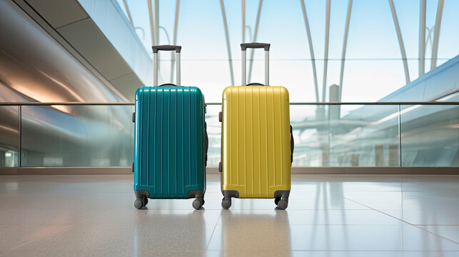 two travelers luggage suitcases in an empty airport hall placed in the waiting room of the departure airport terminal evoke the anticipation of a trip created with Generative AI Technology 