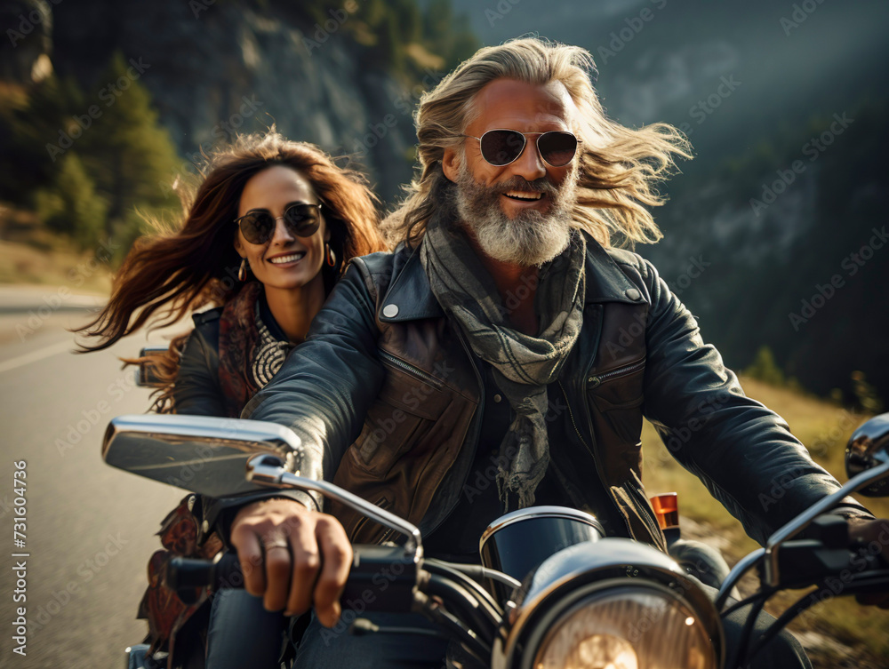 Canvas Prints stylish hipster middle age couple - bearded brutal male in sunglasses and leather jacket sitting on 