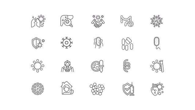 Animated microorganisms icons. Microbiology line animation library. Infectious agent. Contagious viruses. Black illustrations on white background. HD video with alpha channel. Motion graphic