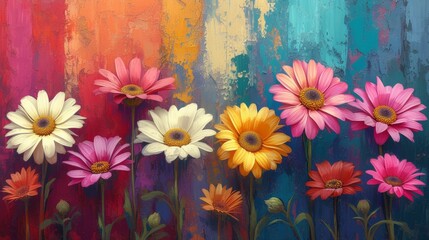 Obraz premium A Painting of Colorful Flowers on a Colorful Background