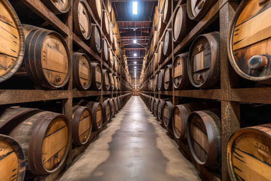 Wine or cognac barrels in the cellar of the winery, Wooden wine barrels in perspective. wine vaults. vintage oak barrels of craft beer or brandy. Whiskey, bourbon, scotch or wine barrels in an aging 