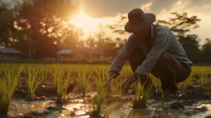 A farmer wearing a hat tending to rice in a rice field against the backdrop of a village scene and also the blurred light of a sunrise. Created with Generative AI.