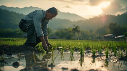 An old farmer planting rice in a rice field with a rural background and blurred morning sunlight. Created with Generative AI. - obrazy, fototapety, plakaty