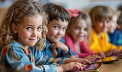 children with tablets technology at school for education with happy kids at school or library studying with fun