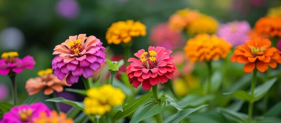 In the garden, various vibrant flowers including Blanket flowers, common zinnia, and Tagetes are...
