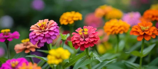 Poster In the garden, various vibrant flowers including Blanket flowers, common zinnia, and Tagetes are blooming, creating a colorful display of petals. © AkuAku