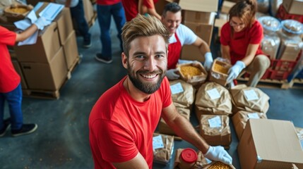 A male volunteer smiling while packing food and water bottle in a donation center.