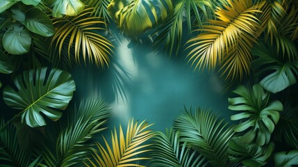 Fototapeta na wymiar Tropical Background With Green and Yellow Palm Leaves