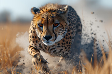 A cheetah sprinting across the savannah, illustrating the unmatched speed and agility of this remarkable big cat. Concept of savannah dynamics. Generative Ai.