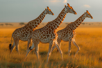 Obraz premium A group of giraffes gracefully walking across an open plain, illustrating the elegance and height of these iconic African mammals. Concept of savannah grace. Generative Ai.