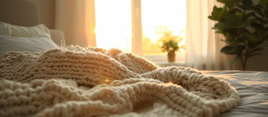 Indoors, a bed is adorned with a cozy, thick knitted blanket.