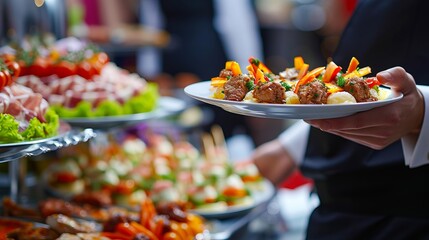 Waiter serving meat dishes at elegant event, party, or wedding in stylish restaurant