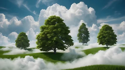 Washable wall murals Meadow, Swamp Green landscape with white clouds, green, landscape, white, clouds, nature, scenery, outdoors, countryside, environment, sky, trees, grass, hills, mountains, meadows, fields, serene, tranquil