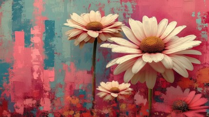 A Painting of Pink and White Flowers Against a Blue and Pink Background
