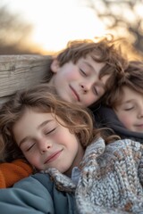 Fototapeta premium Three children, snuggled together, enjoy a serene, affectionate moment outdoors; warmth, family, love