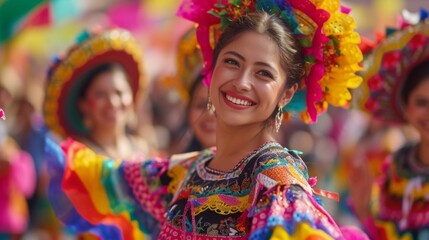 Fototapeta premium Smiling woman in vibrant Cinco de Mayo attire at a street parade