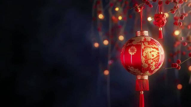 Chinese New Year celebration with hanging lanterns close-up looping video