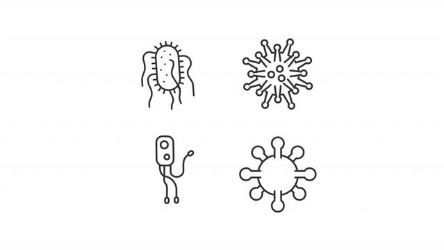 Animated microbe types icons. Microorganisms line animation library. Infectious agents. Bacteriology. Black illustrations on white background. HD video with alpha channel. Motion graphic