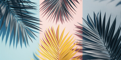 Fototapeta na wymiar Top view palm tree branches leaves on pastel color background, Flat lay Minimal fashion summer holiday vacation concept 
