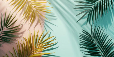 Top view palm tree branches leaves on pastel color background, Flat lay Minimal fashion summer holiday vacation concept	