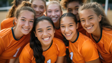 A group portrait of a multicultural girls sports team, smiling and huddled together on a field, showcasing team spirit and diversity