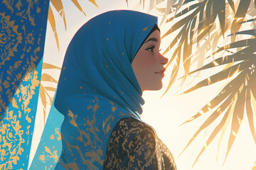muslim woman in blue hidjab as symbol of arab iwoman freedom