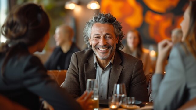A distinguished man with a charismatic smile enjoys a convivial moment at a restaurant, his mature charm accentuated by a stylish coat and a relaxed, joyous atmosphere