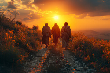 Staging of The disciples witnessing the risen Christ on the road to Emmaus, highlighting the transformative nature of encountering the resurrected Savior.  Generative Ai.