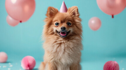 Fototapeta na wymiar Cute dog with party hat on light blue background, space for text. Birthday celebration. AI Generative