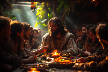 Staging of Jesus appearing to the disciples in the upper room, offering them peace and reassurance after his resurrection. Concept of post-resurrection fellowship. Generative Ai.