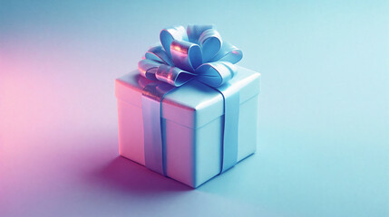 3d illustration of a gift box with a bow on a blue background and copy space.  Generative AI