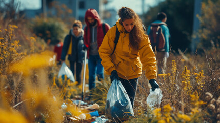 Environment. Volunteers clear plastic and other rubbish from the environment. Earth Day Concept. AI Generative